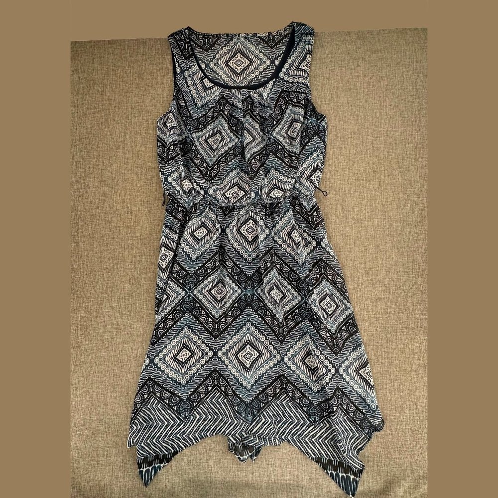 AB Studio‎ Asymmetrical Dress Medium Blue Sleeveless Sheer Print Overlay Lined